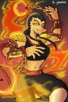  2024 5_fingers anthro artist_name black_eyes black_hair cavemanon_studios chain clothing crop_top digital_drawing_(artwork) digital_media_(artwork) dinosaur extinct eyelashes female fingers fire fire_performance fire_poi goncheeto hair hi_res i_wani_hug_that_gator long_hair long_tail looking_at_viewer midriff miquella_ashtail performance_art prehistoric_species reptile scales scalie shirt signature smile snout solo tail topwear yellow_body yellow_scales yellow_sclera 