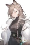  1girl animal_ears arknights black_nails black_sweater extra_ears fur-trimmed_jacket fur_trim highres jacket jingle_bell_earrings mole mole_above_eye nail_polish official_alternate_costume penance_(arknights) penance_(occasionally_flushed)_(arknights) pimi simple_background solo sweater turtleneck turtleneck_sweater white_background white_jacket wolf_ears wolf_girl 