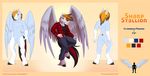  2016 anthro athletic beard blue_fur clothed clothing digital_media_(artwork) equine facial_hair feathered_wings feathers featureless_crotch fur goatee hair hooves looking_at_viewer male mammal model_sheet multicolored_fur naturally_censored nude on_one_leg orange_hair pegasus peridotkitty sharp_stallion smile solo standing two_tone_fur white_fur wings 