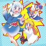  3girls \m/ animal_hood artist_name black_cat blonde_hair blue_eyes blue_hair blue_hoodie blush blush_stickers cat dated disgaea double_\m/ fins fish_tail flat_chest gawr_gura gawr_gura_(1st_costume) hair_over_one_eye hair_ribbon heart heart_in_mouth highres hololive hololive_english hood hoodie kazuboh lab_coat light_blue_hair long_hair multicolored_hair multiple_girls necktie nichijou open_mouth pleinair professor_shinonome red_eyes ribbon sakamoto_(nichijou) scarf shark_girl shark_hood shark_print shark_tail sharp_teeth short_hair smile streaked_hair stuffed_animal stuffed_rabbit stuffed_shark stuffed_toy tail tail_grab teeth thighhighs virtual_youtuber 