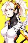  blue_eyes bodysuit breasts highres hwansang looking_at_viewer mechanical_halo mechanical_wings medium_breasts mercy_(overwatch) overwatch parted_lips ponytail solo teeth white_hair wings yellow_background 
