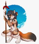  anthro breasts canine chesta cloud crouching female jewelry mammal melee_weapon navel necklace nude polearm simple_background smile solo spear weapon 