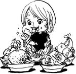  eating food jewelry_bonney monochrome oda_eiichirou official_art one_piece 