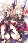  :d ass bed blonde_hair blush breasts brown_eyes cape dress fujieda_miyabi granblue_fantasy headdress large_breasts long_hair looking_at_viewer lying midriff on_back open_mouth pillow shorts smile solo song_(granblue_fantasy) 