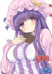  bangs blunt_bangs book crescent dress hair_ribbon hat impossible_clothes impossible_shirt long_hair mirei mob_cap patchouli_knowledge purple_eyes purple_hair ribbon shirt solo striped striped_dress taut_clothes taut_shirt touhou tress_ribbon upper_body 