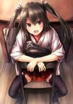  :d black_eyes black_hair black_legwear blush chair commentary_request hair_between_eyes hair_ribbon hakama_skirt japanese_clothes jewelry kantai_collection looking_at_viewer muneate open_mouth red_skirt ribbon ring sitting sitting_backwards skirt smile solo suien table thighhighs twintails two_side_up wedding_band white_ribbon zettai_ryouiki zuikaku_(kantai_collection) 