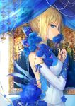  alternate_costume artist_name artoria_pendragon_(all) bare_shoulders beads blonde_hair blue_bow blue_eyes blue_flower blue_nails blue_ribbon blue_rose bow breasts chain covered_mouth detached_sleeves eyelashes fate/stay_night fate_(series) feathers flower formal frame from_side hair_bow hair_flower hair_ornament hair_ribbon halterneck holding holding_flower lace-trimmed_bow lace_trim looking_at_viewer medium_breasts mimi_n nail_polish own_hands_together pearl picture_(object) profile ribbon rose saber sidelocks sleeves_past_wrists solo string upper_body wisteria 