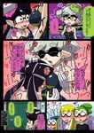  3girls aori_(splatoon) bangs black_hair blood blue_hair blunt_bangs breast_massage comic domino_mask dragon_quest fangs green_hair grey_hair hair_slicked_back highres hotaru_(splatoon) inkling long_hair mask multiple_boys multiple_girls nosebleed pointy_ears short_hair splatoon_(series) splatoon_1 tentacle_hair topknot translation_request usa_(dai9c_carnival) 