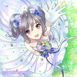  bangs bouquet bow collarbone commentary_request dress drill_hair eyebrows eyebrows_visible_through_hair flower from_above gloves grass hair_between_eyes hair_flower hair_ornament hand_up holding holding_bouquet holding_flower idolmaster idolmaster_cinderella_girls idolmaster_cinderella_girls_starlight_stage kanzaki_ranko long_hair looking looking_at_viewer maou(demonlord) open_mouth outstretched_hand petals purple_eyes ribbon silver_hair sketch sleeveless sleeveless_dress smile solo spaghetti_strap twintails twitter_username white_dress white_gloves 