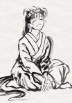  1girl 4_virgin closed_eyes commentary_request facing_viewer full_body highres indian_style japanese_clothes kimono long_hair long_sleeves open_mouth original own_hands_together ponytail simple_background sitting solo sumi-e very_long_hair white_background 