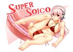  barefoot bikini blush breasts cleavage commentary_request error food full_body headphones jewelry kumatyu large_breasts long_hair looking_at_viewer macaron md5_mismatch navel necklace nitroplus open_mouth pink_hair red_bikini red_eyes side-tie_bikini solo super_sonico swimsuit typo 