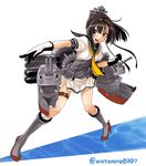  :3 akizuki_(kantai_collection) bangs black_gloves black_hair boots cannon chou-10cm-hou-chan commentary corset gloves grey_eyes grey_footwear hachimaki hairband headband headgear high_heel_boots high_heels kantai_collection knee_boots miniskirt neckerchief open_mouth outstretched_hand ponytail pose rigging school_uniform serafuku short_sleeves skirt smile standing standing_on_liquid thigh_strap torpedo twitter_username watanore white_background white_gloves 