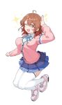  1girl ;d absurdres ahoge blue_overskirt blue_ribbon blue_skirt breasts brown_hair cardigan commentary gakuen_idolmaster hanami_ume hatsuboshi_gakuen_school_uniform highres idolmaster large_breasts legs_folded long_sleeves looking_at_viewer neck_ribbon one_eye_closed pink_cardigan pleated_skirt ribbon school_uniform shirt shoes simple_background skirt smile sneakers solo sparkle tamago_(eva1314056) thighhighs white_background white_shirt white_thighhighs 