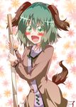  animal_ears bamboo_broom blush broom brown_hair floppy_ears floral_background green_eyes green_hair highres kasodani_kyouko looking_at_viewer matsuoka_michihiro open_mouth solo tail touhou 