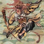  1boy 4_virgin arm_up baggy_pants black_pants boots colored_sclera commentary_request earrings floating_hair full_body green_background grin highres holding holding_staff jewelry journey_to_the_west long_sleeves male_focus midair monkey_boy monkey_tail nihonga orange_eyes orange_footwear orange_hair original pants pointy_ears red_sun short_hair smile solo staff sun_wukong tail ukiyo-e whorled_clouds wide_sleeves yellow_sclera 