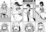  absurdres abukuma_(kantai_collection) akagi_(kantai_collection) bed bow cloud comic cup detached_sleeves from_side greyscale hakomaru_(pandora_box) haruna_(kantai_collection) headband highres hug kaga_(kantai_collection) kantai_collection kitakami_(kantai_collection) kongou_(kantai_collection) monochrome multiple_girls on_bed open_mouth page_number pillow pillow_hug plate shoukaku_(kantai_collection) sitting teacup translated twintails zuikaku_(kantai_collection) 