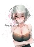  ;/ alternate_costume artist_name bare_shoulders breast_hold breasts brown_eyes camisole character_name cleavage commentary_request fate/grand_order fate_(series) highres jeanne_d'arc_(alter)_(fate) jeanne_d'arc_(fate)_(all) kojima_(blue_stardust) large_breasts one_eye_closed short_hair silver_hair sleeveless solo upper_body 