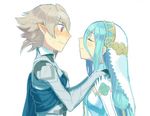  1girl @_@ aisutabetao aqua_(fire_emblem_if) armor blue_hair blush cape closed_eyes couple dress elbow_gloves fire_emblem fire_emblem_if gloves hair_between_eyes hairband hands_on_another's_shoulders height_difference hetero imminent_kiss long_hair male_my_unit_(fire_emblem_if) mamkute my_unit_(fire_emblem_if) nervous pointy_ears profile short_hair silver_hair simple_background upper_body veil very_long_hair wavy_mouth white_background white_gloves 