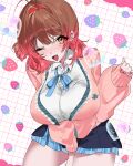  1girl ;d absurdres arm_between_legs bakemon_(pp_777_pp) blue_overskirt blue_ribbon blue_skirt blush breasts brown_hair cardigan dotted_line fingernails food_print gakuen_idolmaster gradient_hair grid_background hair_bun hanami_ume hatsuboshi_gakuen_school_uniform heart_bubbles highres huge_breasts idolmaster long_sleeves looking_at_viewer loose_neck_ribbon miniskirt multicolored_hair nail_polish neck_ribbon one_eye_closed pink_hair pleated_skirt ribbon school_uniform shirt single_side_bun skirt smile solo strawberry_print white_shirt 