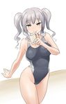  cellphone competition_swimsuit grey_eyes highleg highleg_swimsuit kantai_collection kashima_(kantai_collection) long_hair one-piece_swimsuit phone silver_hair solo swimsuit tamu_(mad_works) twintails 