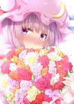  blue_ribbon blush bouquet crescent crescent_hair_ornament flower hair_ornament hat hat_ribbon long_hair looking_at_viewer mob_cap nose_blush patchouli_knowledge pink_flower pink_rose purple_eyes purple_hair ram_hachimin red_ribbon ribbon rose simple_background solo touhou upper_body wavy_mouth white_flower white_rose yellow_flower yellow_rose 