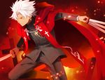  amakusa_shirou_(fate) brown_eyes cape cross cross_necklace dark_skin dark_skinned_male earrings fate/apocrypha fate_(series) jewelry long_hair male_focus necklace solo somemiya_suzume stole sword weapon white_hair 
