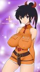  arms_behind_back bare_shoulders belt beltskirt black_hair blue_eyes blush breast_pocket breasts commentary_request copyright_name covered_nipples cowboy_shot detached_sleeves final_fantasy final_fantasy_unlimited impossible_clothes large_breasts lisa_pacifist long_hair onomeshin pocket ponytail skin_tight solo 