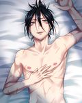  1boy aoi_chimaki black_hair grey_eyes looking_at_viewer lying male_focus nipple_piercing nipples one-punch_man onsoku_no_sonic piercing scar short_hair solo underwear 