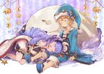  1girl bare_shoulders bow drill_hair granblue_fantasy hair_bow hair_ribbon hat ikelos lap_pillow morphe_(granblue_fantasy) purple_hair ribbon sleeping smile tapir vetor_(granblue_fantasy) wataichi_meko 