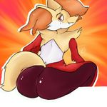  2016 anthro butt canine delphox female fox fur half-closed_eyes inner_ear_fluff looking_at_viewer mammal mortal_chocolate nintendo orange_fur pok&eacute;mon rear_view red_eyes red_fur simple_background smile solo video_games white_fur 