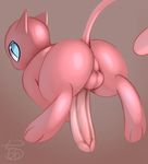 balls butt gradient_background humanoid_penis legendary_pok&eacute;mon long_tail looking_back male mew nintendo pcred566 penis pink_penis pok&eacute;mon presenting simple_background solo tan_background video_games 