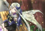  absurdres armor bench blurry blush brynhildr_(fate) depth_of_field fate/prototype fate/prototype:_fragments_of_blue_and_silver fate_(series) highres leaf long_hair looking_at_viewer purple_eyes sa_(sam-ya) silver_hair solo very_long_hair 