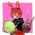  1boy 1girl :d alternate_ears alternate_tail animal_ears armor blush border closed_eyes crystal_exarch easter_egg egg final_fantasy final_fantasy_xiv flying_sweatdrops g&#039;raha_tia gauntlets heart heart-shaped_eyes holding holding_egg itowo_(itowc) lyna_(ff14) material_growth own_hands_together purple_background purple_eyes rabbit_ears rabbit_tail simple_background smile standing tail viera white_border 