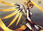  absurdres blonde_hair blue_eyes bodysuit eyelashes highres jenny_kung lips mechanical_halo mechanical_wings mercy_(overwatch) overwatch pantyhose ponytail solo staff wings yellow_wings 