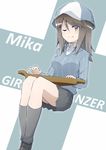  brown_eyes brown_hair copyright_name girls_und_panzer hat highres instrument kantele keizoku_school_uniform long_hair long_sleeves looking_at_viewer mika_(girls_und_panzer) music one_eye_closed playing_instrument pleated_skirt shirt sitting skirt smile solo yutamaro 