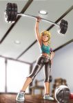  armpits barbell black_legwear blonde_hair breasts dated dumbbell green_eyes green_shirt lifting maxa' navel original shirt shoes short_hair signature small_breasts sneakers solo strong weightlifting weights 