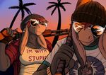  anthro baseball_bat beanie breasts brother brother_and_sister colored donkey duo english_text equine eyewear female gun hat hladilnik male mammal palm_trees ranged_weapon shotgun sibling sister smile sunglasses sunset text weapon 