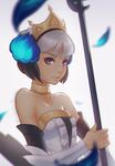  bare_shoulders blue_eyes breasts choker crown detached_sleeves dress gwendolyn koyorin odin_sphere short_hair silver_hair small_breasts solo strapless strapless_dress watermark web_address 