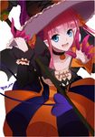  blue_eyes collar collarbone demon_tail elizabeth_bathory_(fate) elizabeth_bathory_(fate)_(all) elizabeth_bathory_(halloween)_(fate) fangs fate/extra fate/extra_ccc fate/grand_order fate_(series) halloween_costume hat highres holding long_hair looking_at_viewer open_mouth pink_hair pointy_ears signature solo staff tail witch_hat ycco_(estrella) 