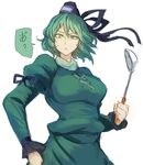  annoyed breasts clenched_hands dress frown green_dress green_eyes green_hair hat holding holding_spoon juliet_sleeves ladle large_breasts long_sleeves looking_at_viewer puffy_sleeves short_hair simple_background soga_no_tojiko solo spoon tate_eboshi terrajin touhou translated upper_body white_background 