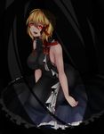  alternate_costume aoshima bare_arms bare_shoulders black_dress blonde_hair breasts commentary dress fangs frilled_dress frills glowing glowing_eyes hair_ribbon highres large_breasts lazy_eye older open_mouth red_eyes ribbon rumia sitting sleeveless sleeveless_dress smile solo touhou 