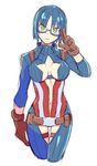  adjusting_glasses artist_request belt blue_hair captain_america captain_america_(cosplay) character_request cleavage cleavage_cutout female genderswap glasses gloves green_eyes looking_at_viewer marvel navel salute shigehiro_(artist) short_hair simple_background solo star_cutout two-finger_salute 