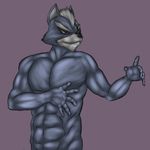  2016 abs anthro biceps canine digital_media_(artwork) eye_patch eyewear fur grey_fur male mammal muscular muscular_male nintendo pecs pose simple_background solo star_fox thevillager video_games wolf wolf_o&#039;donnell 