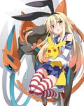  animal animal_ears blonde_hair boots bunny_ears closed_eyes commentary_request deoxys elbow_gloves fake_animal_ears gen_1_pokemon gen_3_pokemon gloves high_heel_boots high_heels highres holding holding_animal holding_pokemon kantai_collection legendary_pokemon long_hair long_tail looking_to_the_side mtu_(orewamuzituda) open_mouth pikachu pleated_skirt pokemon pokemon_(creature) sailor_collar sailor_shirt shimakaze_(kantai_collection) shirt skirt sleeveless sleeveless_shirt smile striped striped_legwear tail tentacles thighhighs yellow_eyes 