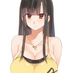  bad_id bad_pixiv_id bare_shoulders black_hair breasts brown_eyes cleavage collarbone commentary_request crimson_girls frown jewelry kuroha_mitsu large_breasts long_hair looking_at_viewer necklace pendant revision sideboob simple_background sleeveless solo upper_body white_background yostxxx 