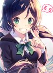  :d black_hair black_jacket blazer blush bow bowtie breast_hold breasts buttons collared_shirt dated eyebrows eyebrows_visible_through_hair green_bow green_eyes green_neckwear grin hair_ornament hair_scrunchie hand_gesture highres jacket large_breasts long_hair long_sleeves looking_at_viewer love_live! love_live!_school_idol_project low_twintails nonono open_mouth scrunchie shirt simple_background smile solo striped striped_bow striped_neckwear tareme teeth toujou_nozomi twintails upper_body v white_background wing_collar 