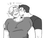  2boys ao_isami bara biting cheek_biting couple facial_hair greyscale highres large_pectorals lewis_smith male_focus monochrome multiple_boys paya_genko_man pectorals shirt sideburns_stubble stubble t-shirt thick_eyebrows translation_request upper_body wavy_mouth yaoi yuuki_bakuhatsu_bang_bravern 