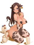  animal_ears bangs bare_shoulders barefoot bell bell_collar between_legs blue_eyes blush bottle breast_squeeze breasts brown_hair cleavage collar cow_ears cow_girl cow_print cow_tail curvy detached_sleeves ear_tag female frilled_collar frilled_legwear frilled_sleeves frills full_body hair_ornament hand_between_legs heart_pasties highres instant_ip large_breasts long_hair looking_at_viewer looking_to_the_side milk milk_bottle parted_bangs pasties piercing pitcher seiza signature simple_background sitting solo tail thick_thighs thighhighs torn_clothes torn_sleeves torn_thighhighs v_arms wallpaper white_background wide_hips 