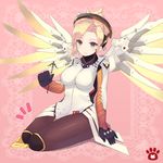  arm_support blonde_hair blue_eyes blush breasts gloves high_ponytail highres holding large_breasts long_hair mechanical_halo mechanical_wings mercy_(overwatch) mimikaki nekomo overwatch pantyhose ponytail seiza short_hair sitting skin_tight solo staff wings yellow_wings 