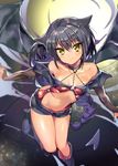  animal_ears bare_shoulders bat_wings black_hair blush braid breasts bridal_gauntlets choker dark_skin demon_girl demon_tail highres konbu_wakame long_hair looking_at_viewer navel original revision single_braid small_breasts smile solo succubus tail tan very_long_hair wings yellow_eyes 